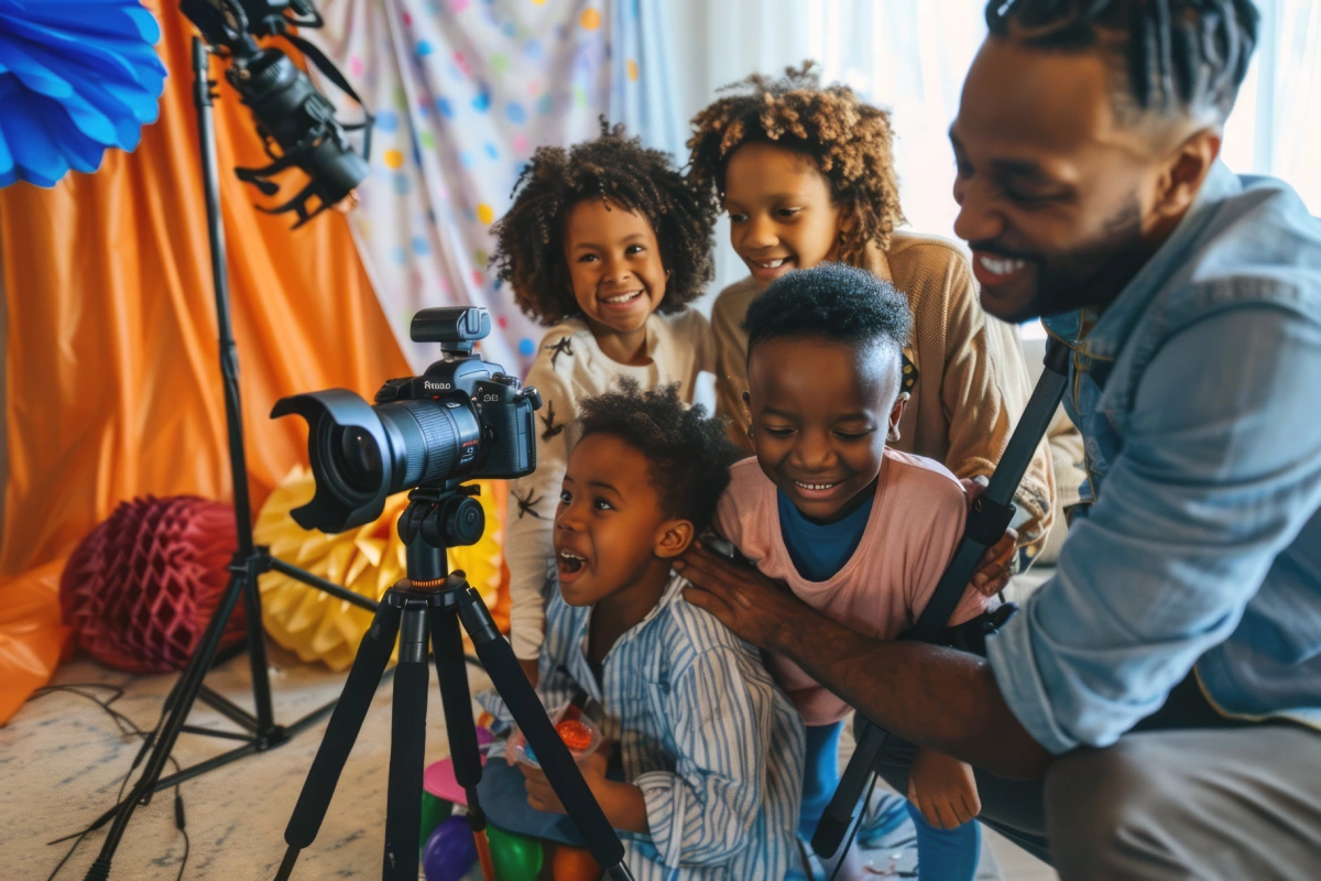 A man poses with his children, smiling as they take a photo together with a camera in a joyful outdoor setting.