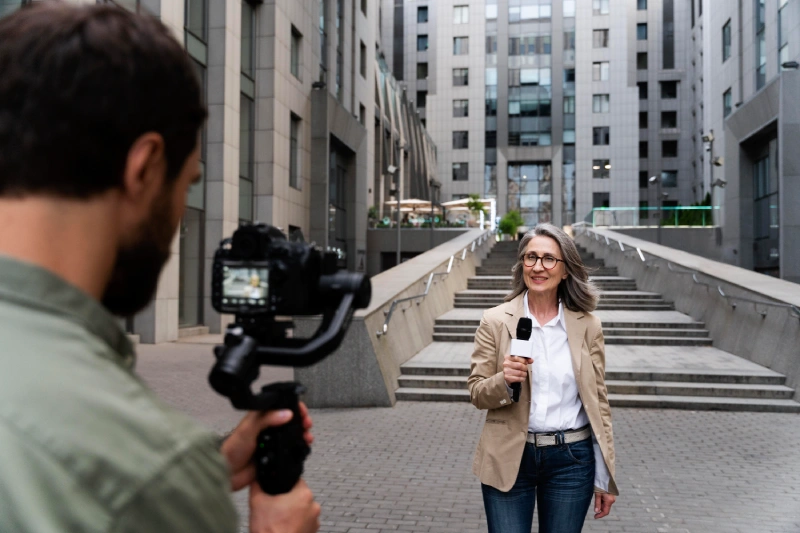 A woman stands in front of a building, holding a camera, ready to capture the moment with her lens.